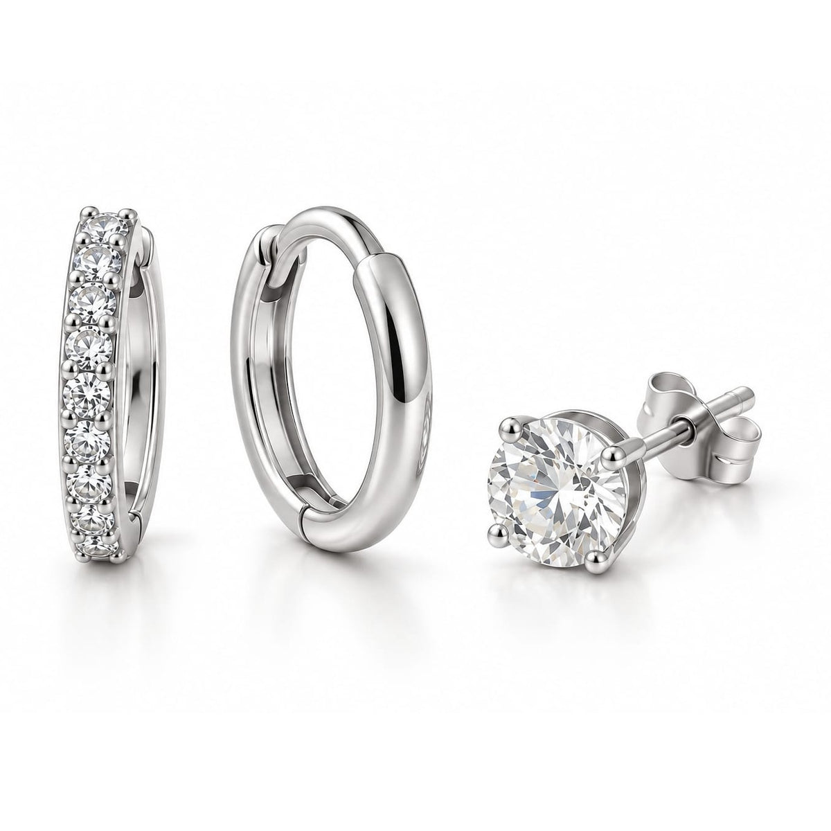 Elle örhängesset i silver: pavé-huggie, blank huggie och stiftörhänge