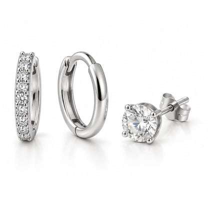 Elle örhängesset i silver: pavé-huggie, blank huggie och stiftörhänge